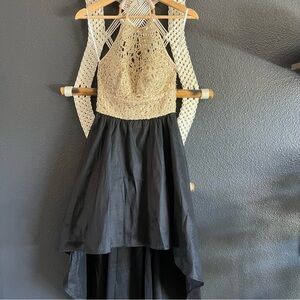 B Smart Prom Dress Size 1/2 Hi Low Sheer Gold Rhinestone Beaded Hoco Evening Y2K